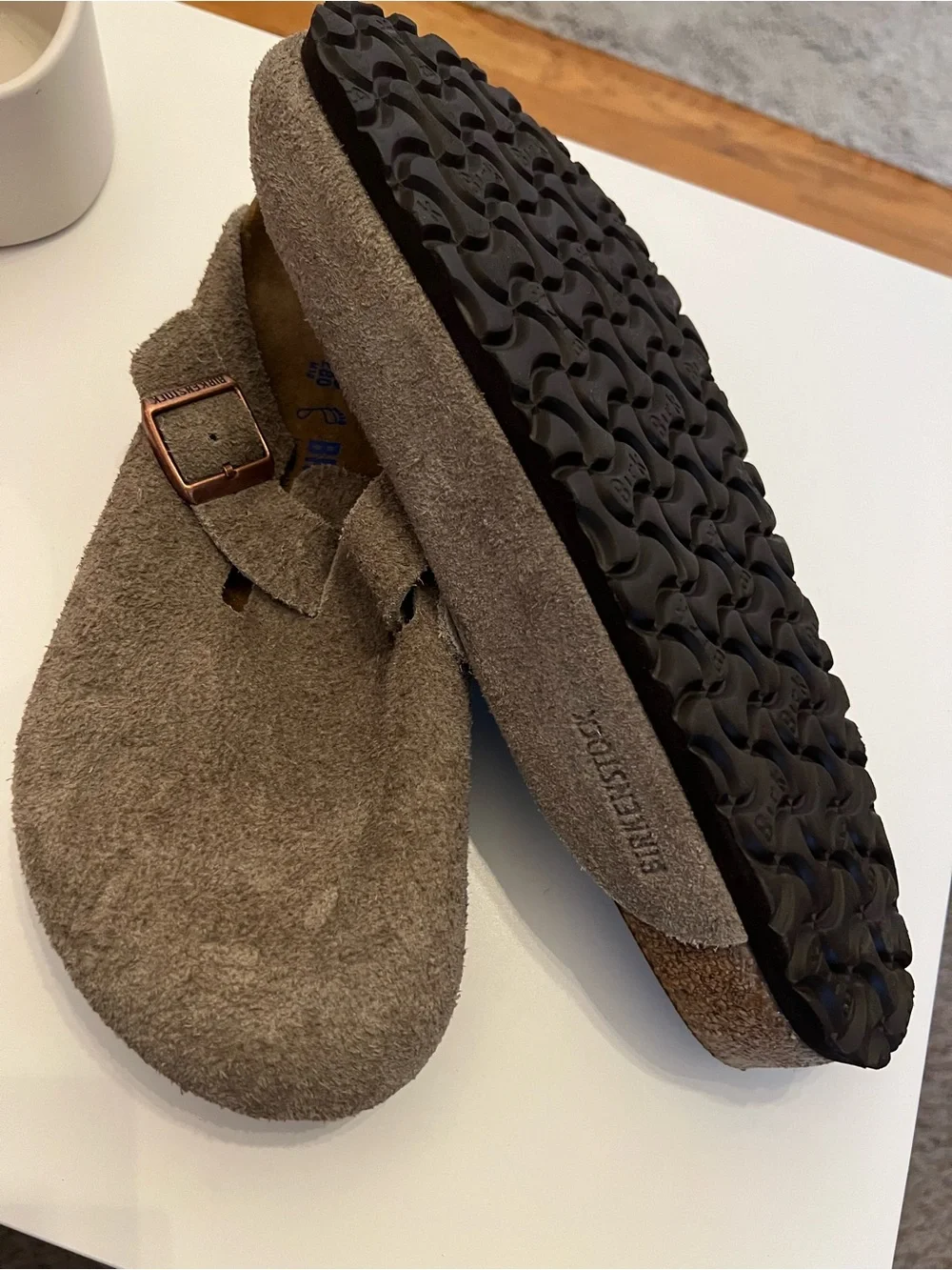 Birkenstock Suede Clogs in Brown with Copper Buckles - Picture 3 of 4